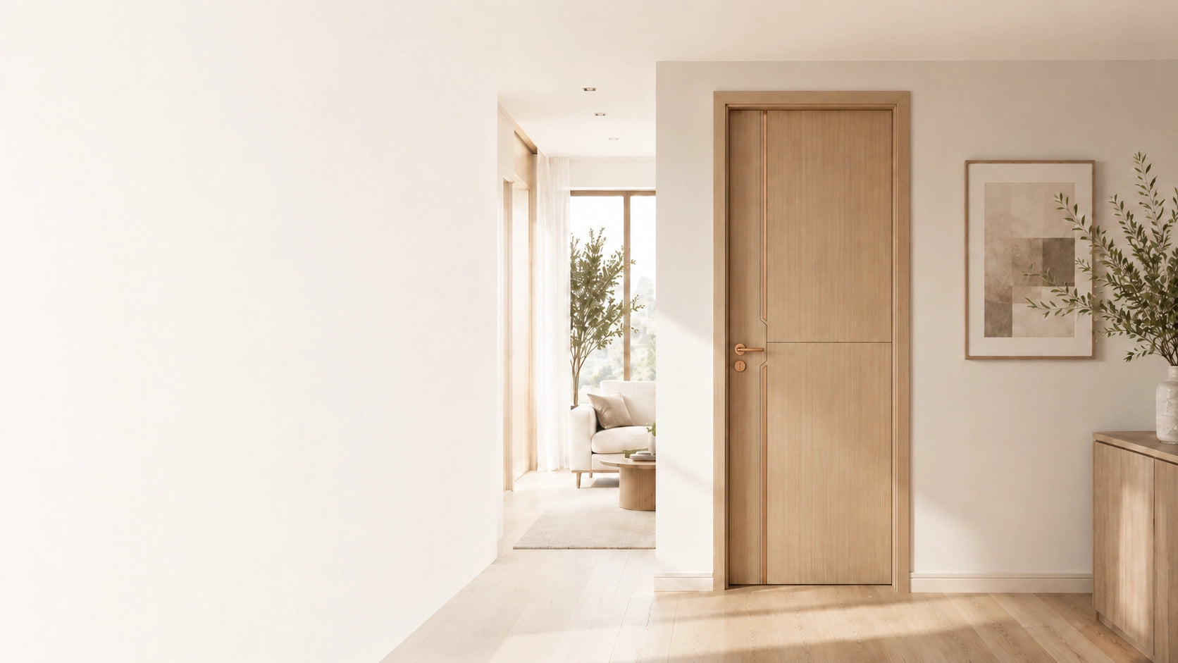 Light oak WALLSMARK interior door in a bright modern interior