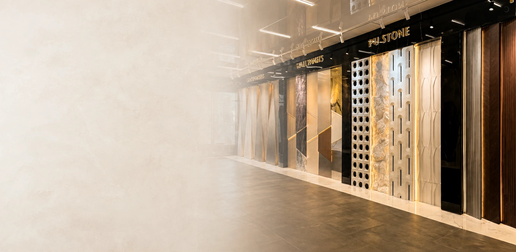 WALLSMARK showroom in New Rochelle, New York displaying wall panels, PU stone and architectural surface materials