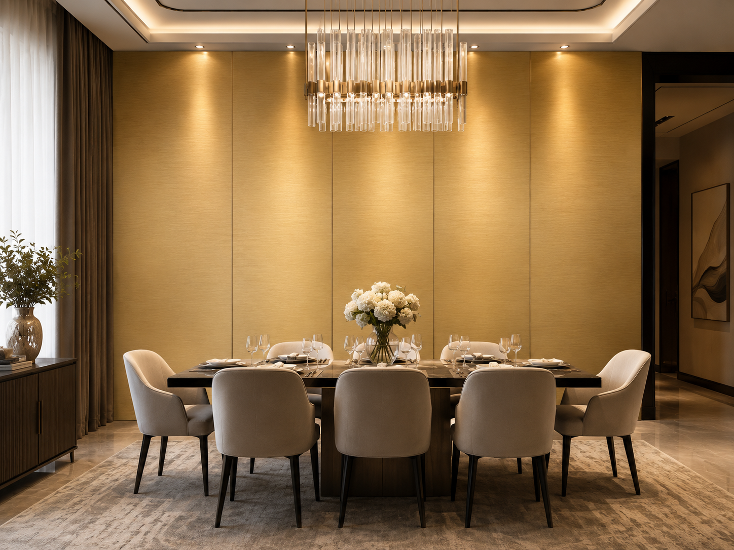 Brushed gold metallic wall panel in a residential or hospitality interior