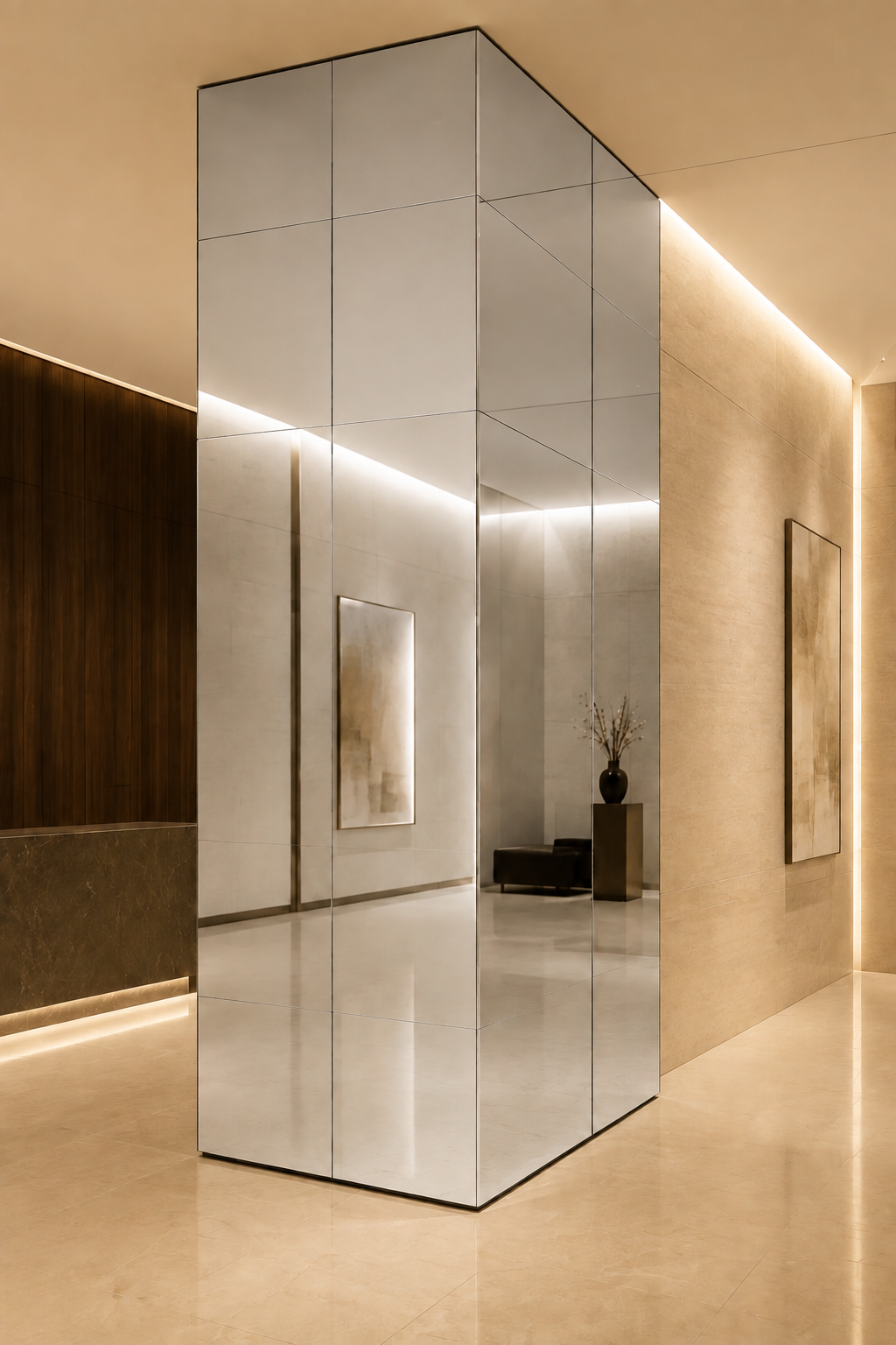 Polished silver mirror wall panel in a modern interior