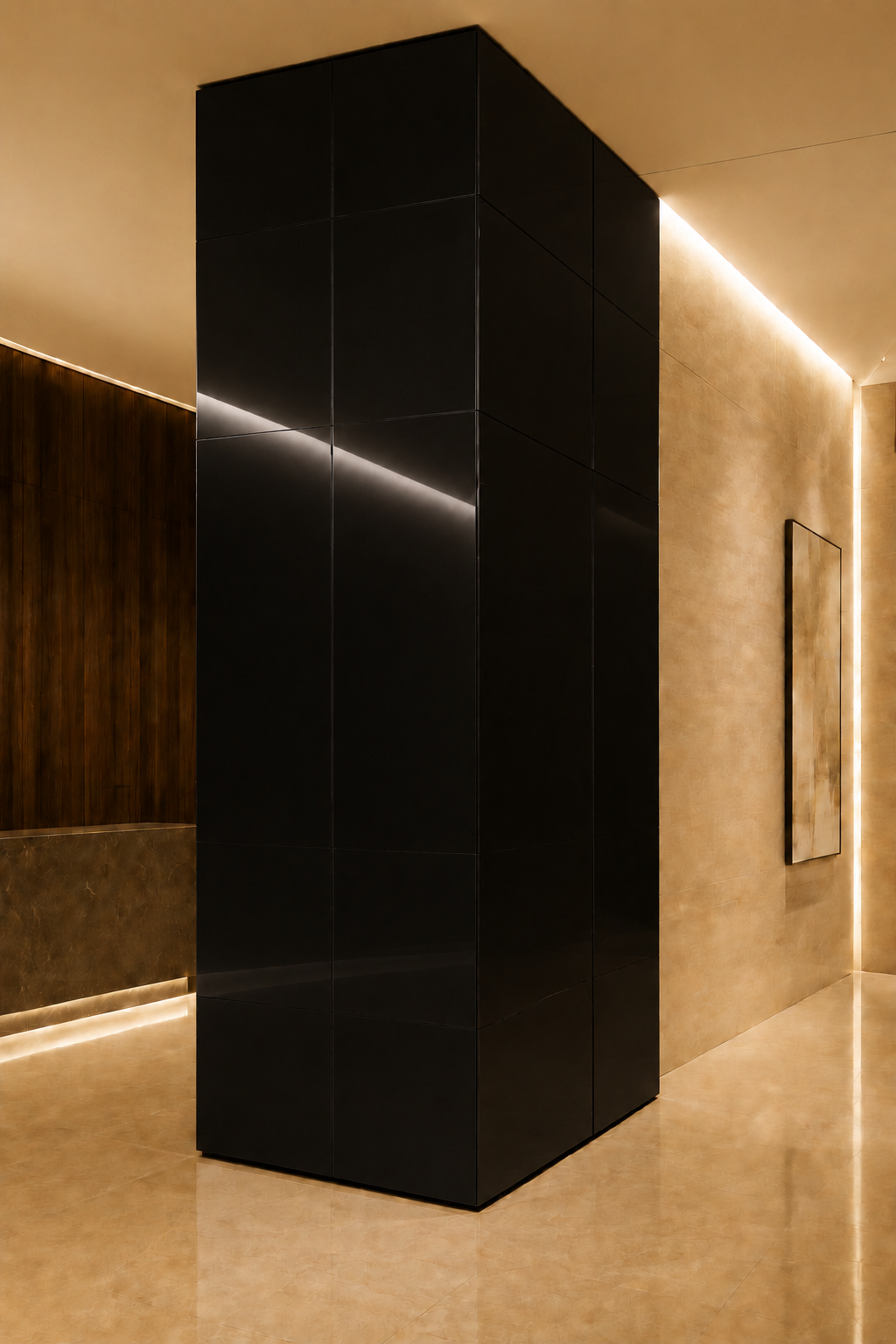 High-gloss black wall panel used in custom millwork