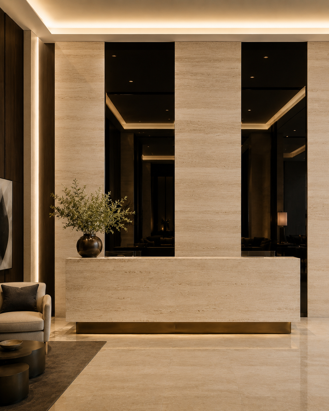 High-gloss black wall panel in a contemporary interior