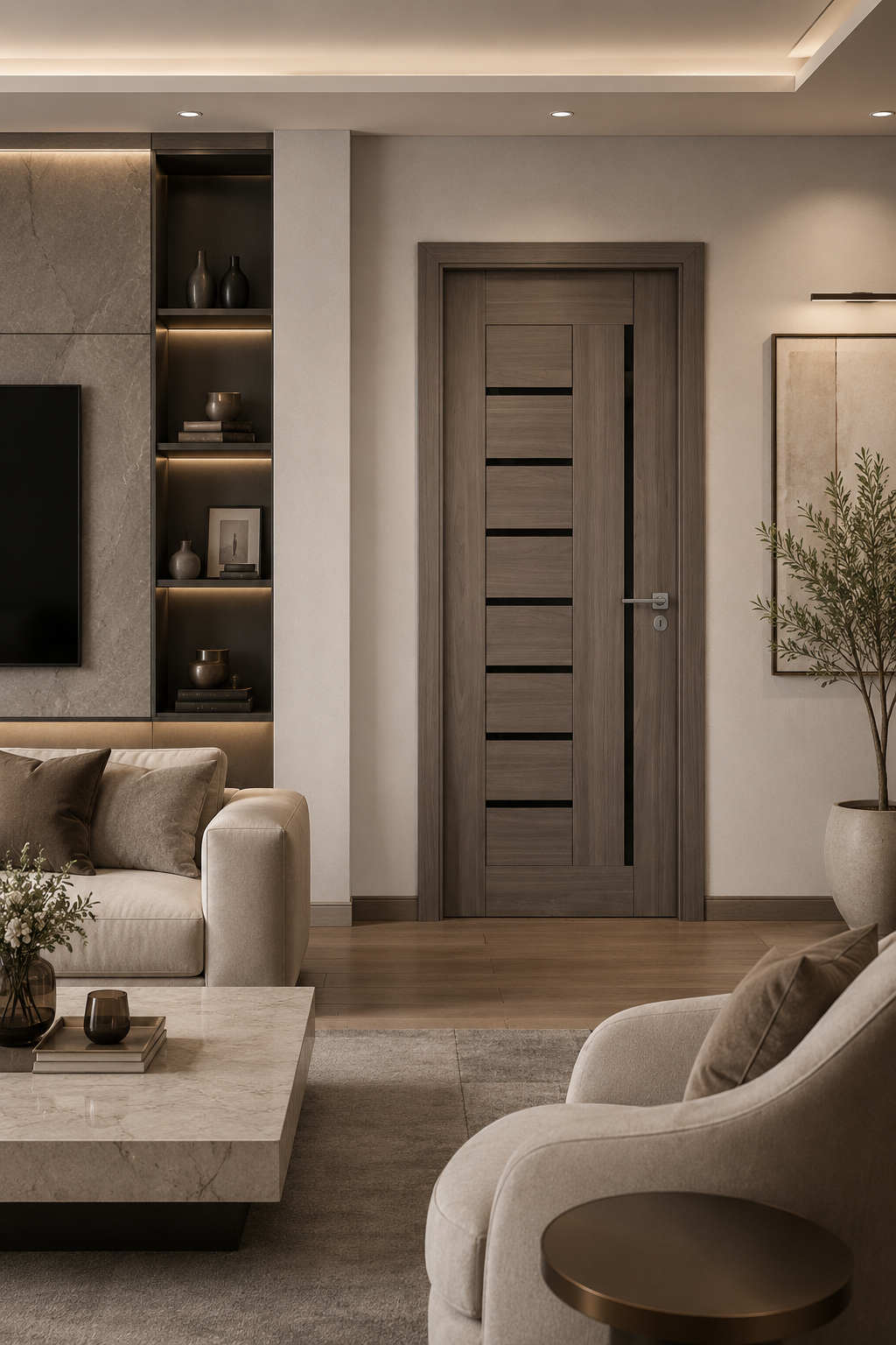 Modern Taupe Oak Interior Door with Black Geometric Inlays