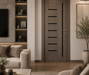 Modern Taupe Oak Interior Door with Black Geometric Inlays