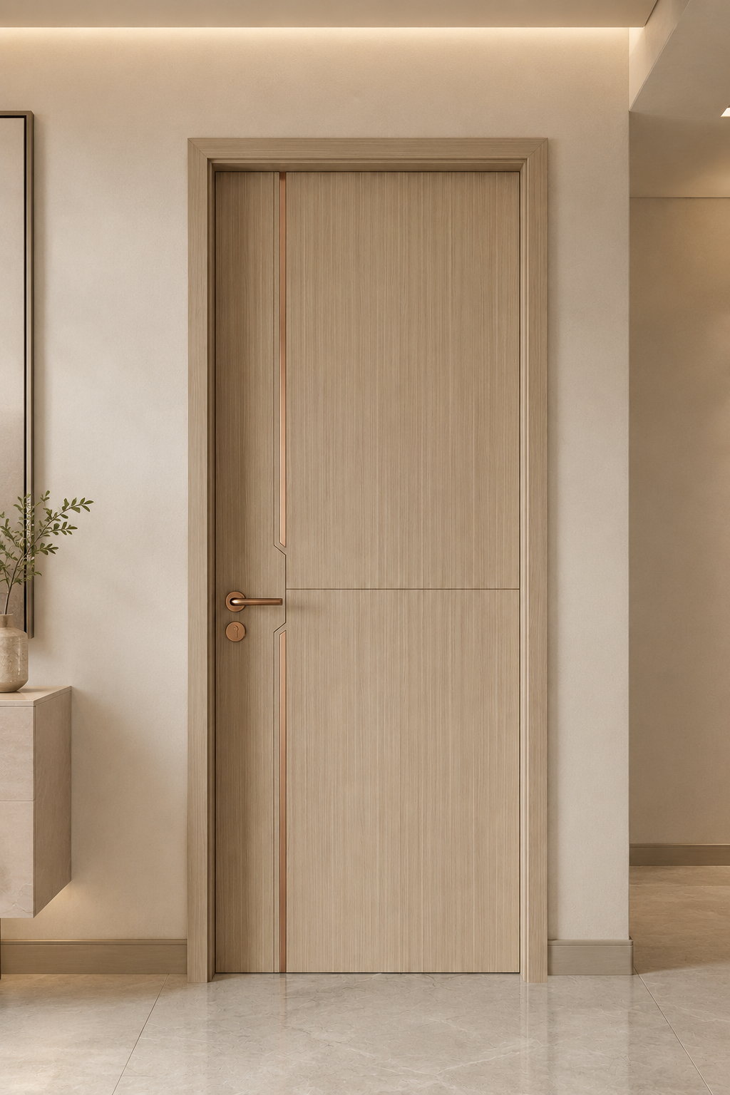 Close full-height view of light oak WALLSMARK door and matching frame