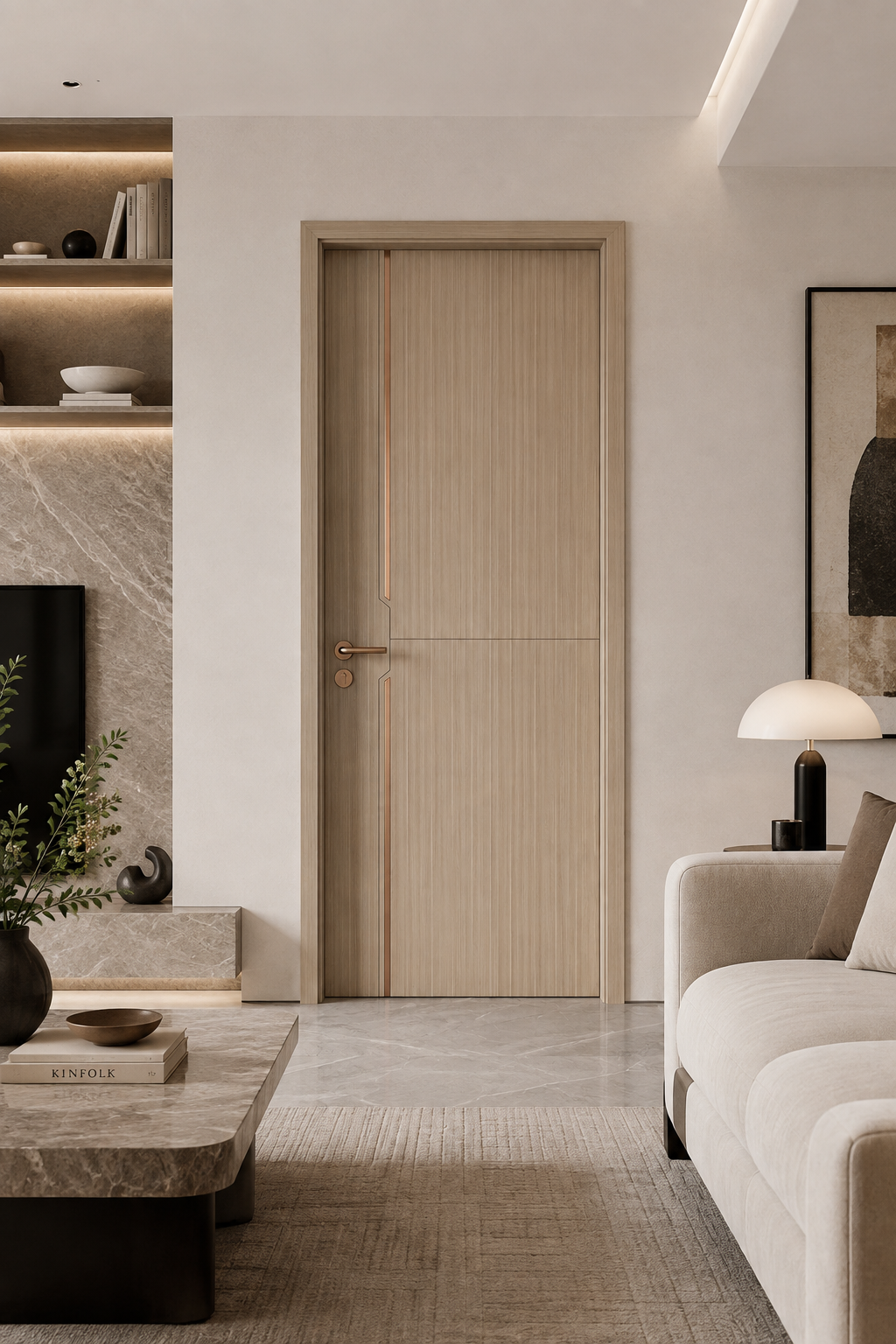 Modern Light Oak Interior Door with Bronze Inlay