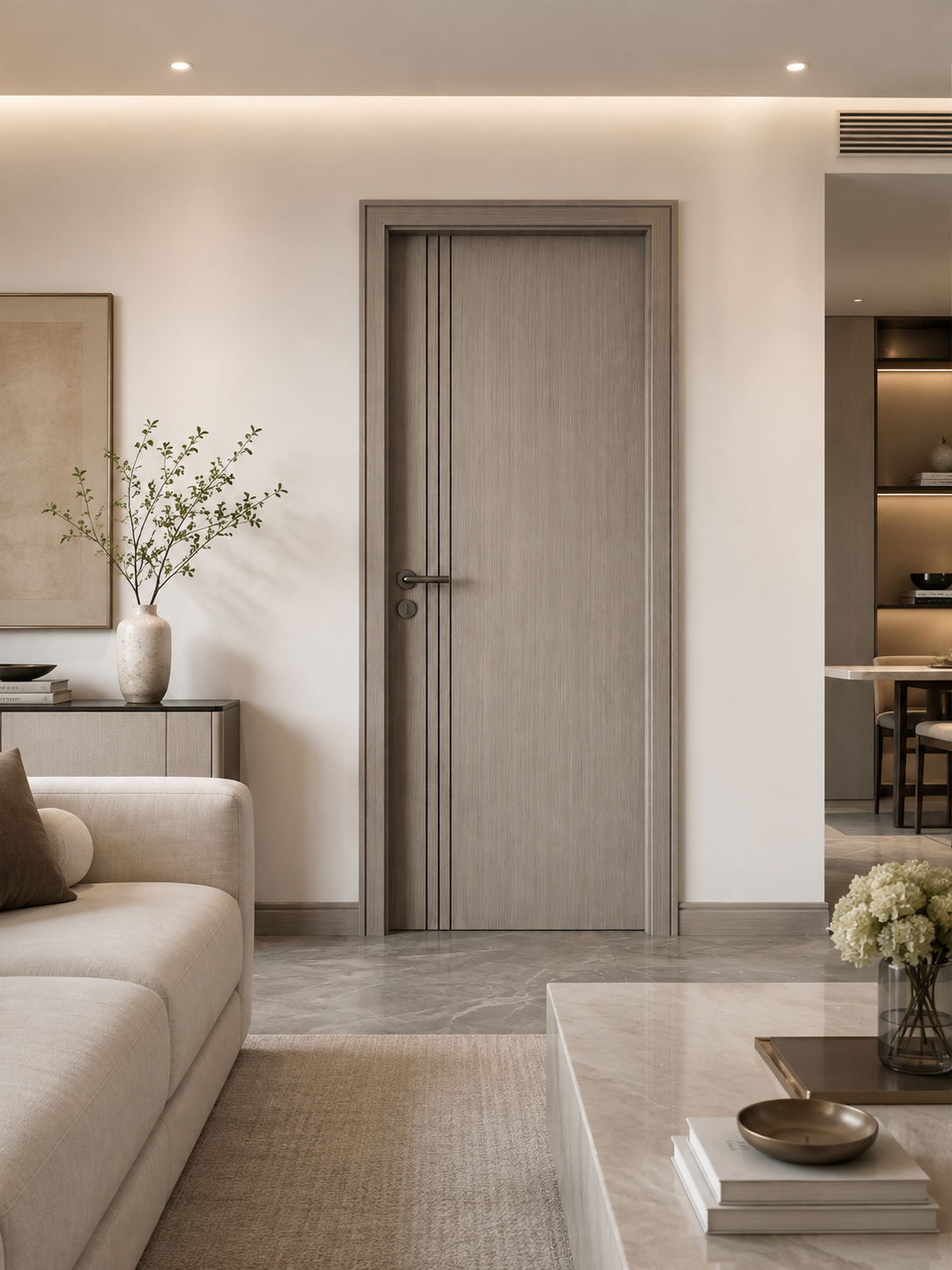 Gray oak interior door in a refined living room