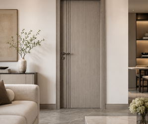 Modern Gray Oak Interior Door with Triple Black Inlays