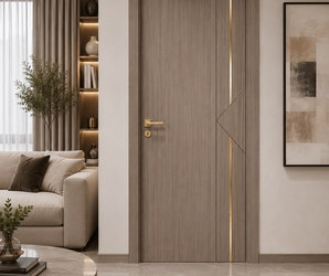 Modern Taupe Wood Interior Door with Gold Geometric Inlay
