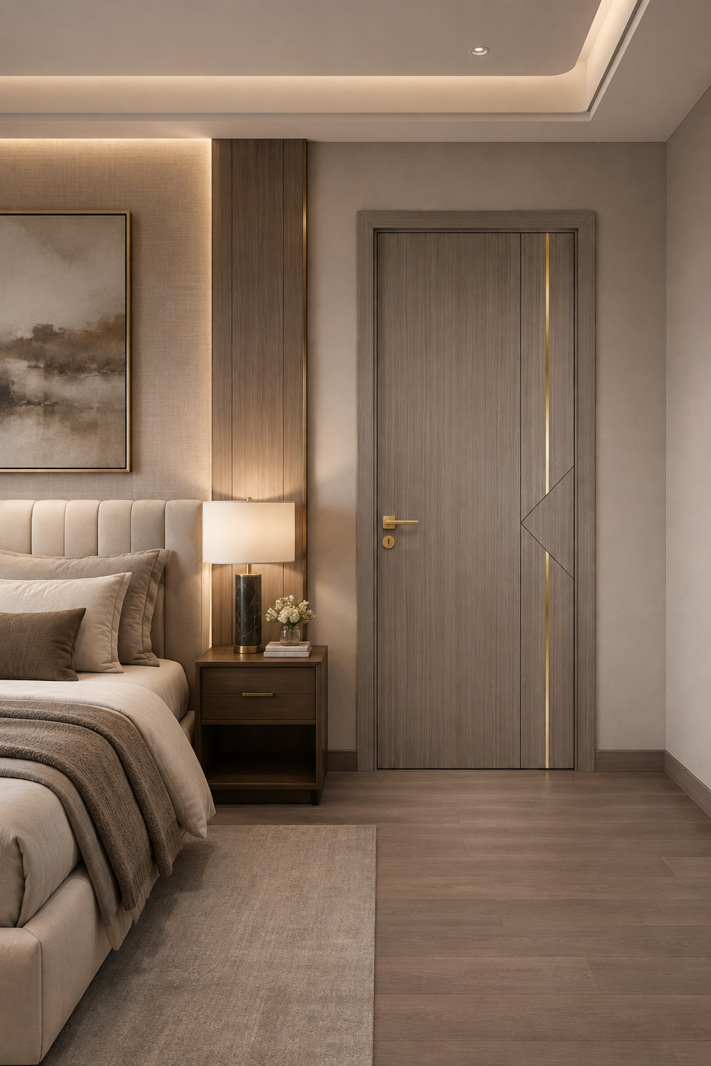 Modern Taupe Wood Interior Door with Gold Geometric Inlay
