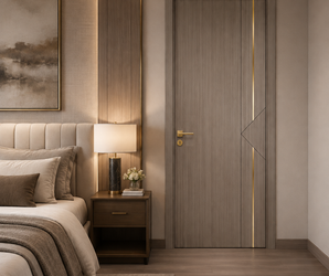 Modern Taupe Wood Interior Door with Gold Geometric Inlay