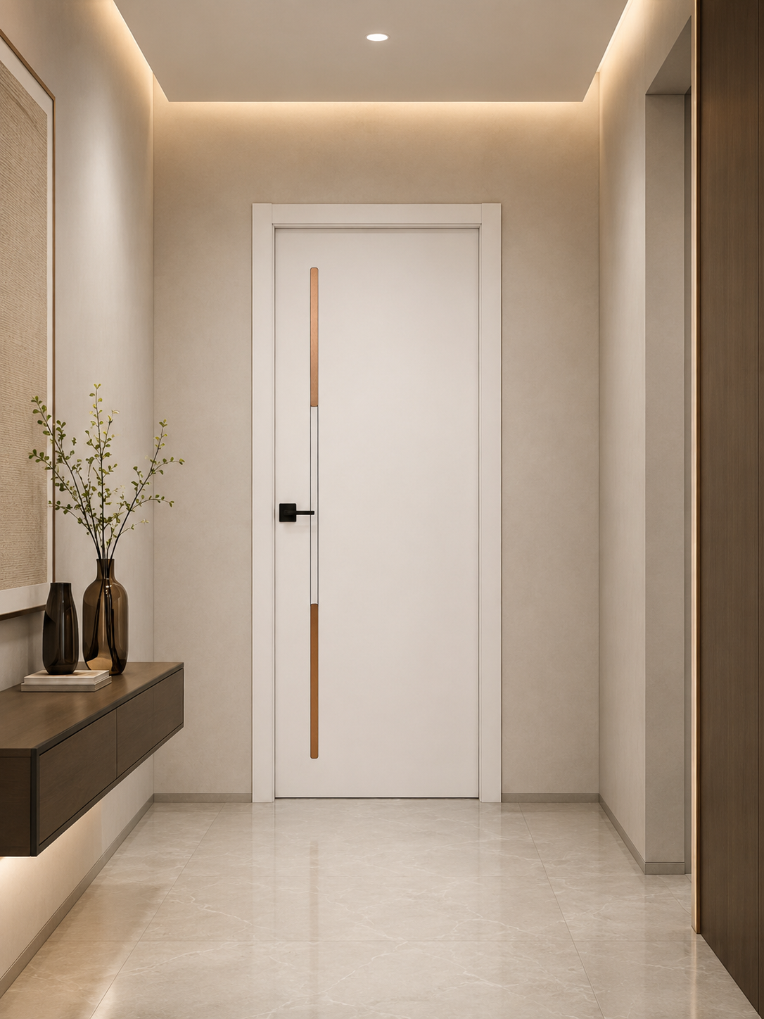 Modern White Interior Door with Wood and Silver Inlay