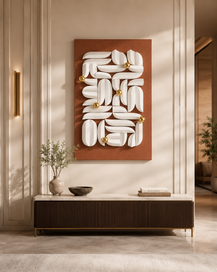 Terracotta & White 3D Abstract Wall Art with Gold Accents