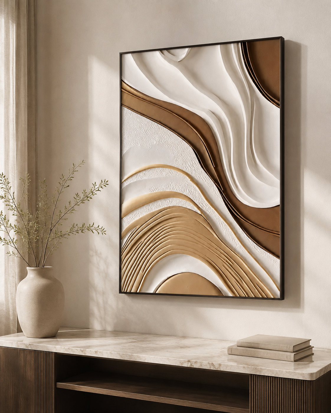 Textured neutral abstract wall art in a modern living interior