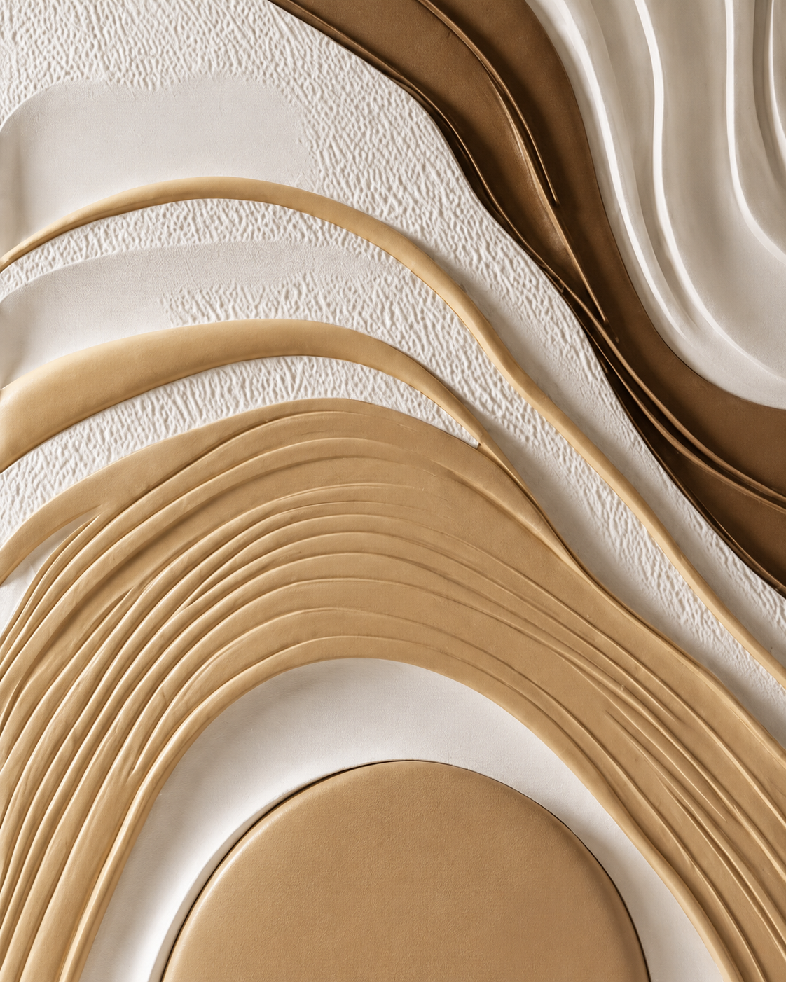 Close view of white, bronze and gold textured abstract wall art