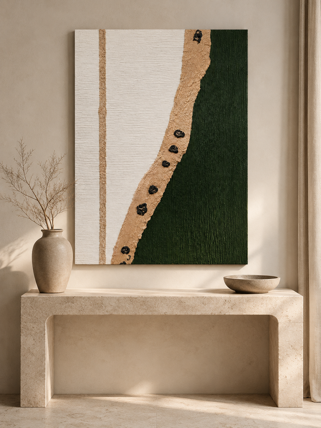 Emerald green textured wall art in a commercial interior