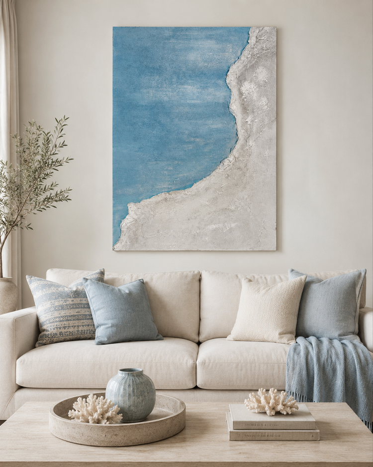 Blue & Silver Textured Coastal Abstract Wall Art