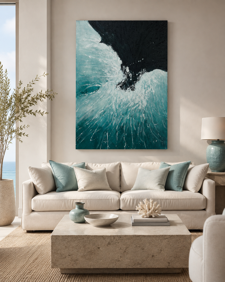 Aqua Blue & Black Textured Ocean Wave Wall Art