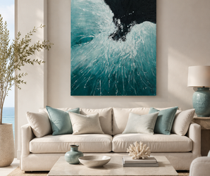 Aqua Blue & Black Textured Ocean Wave Wall Art