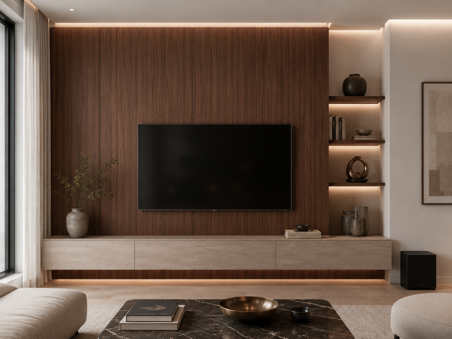 Dark wood-look wall panel installed in a contemporary living room