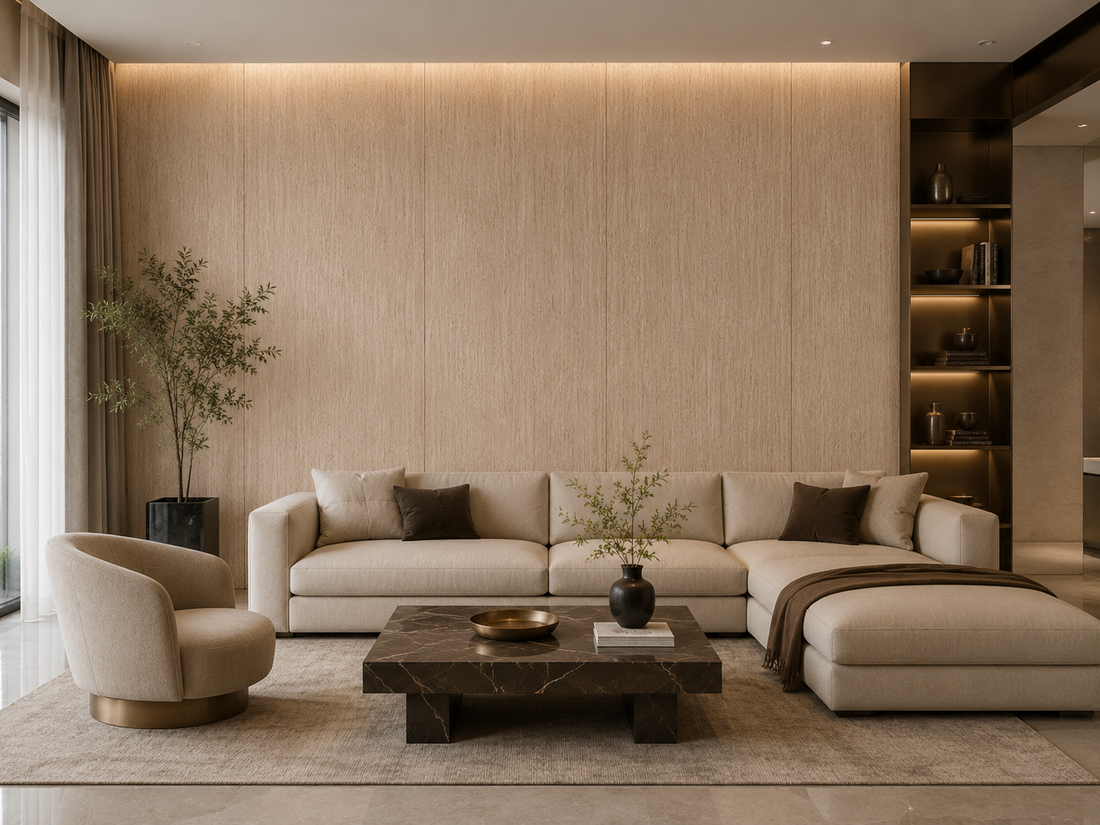 Light oak wood-look wall panel finish