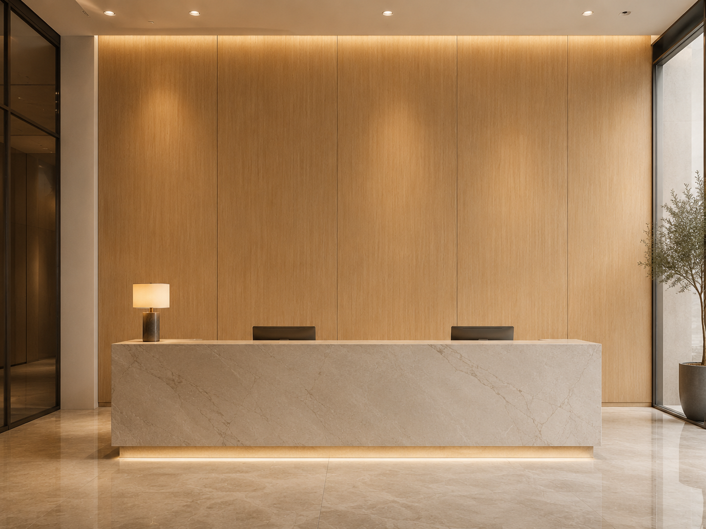 Golden wood-look panels in a reception area