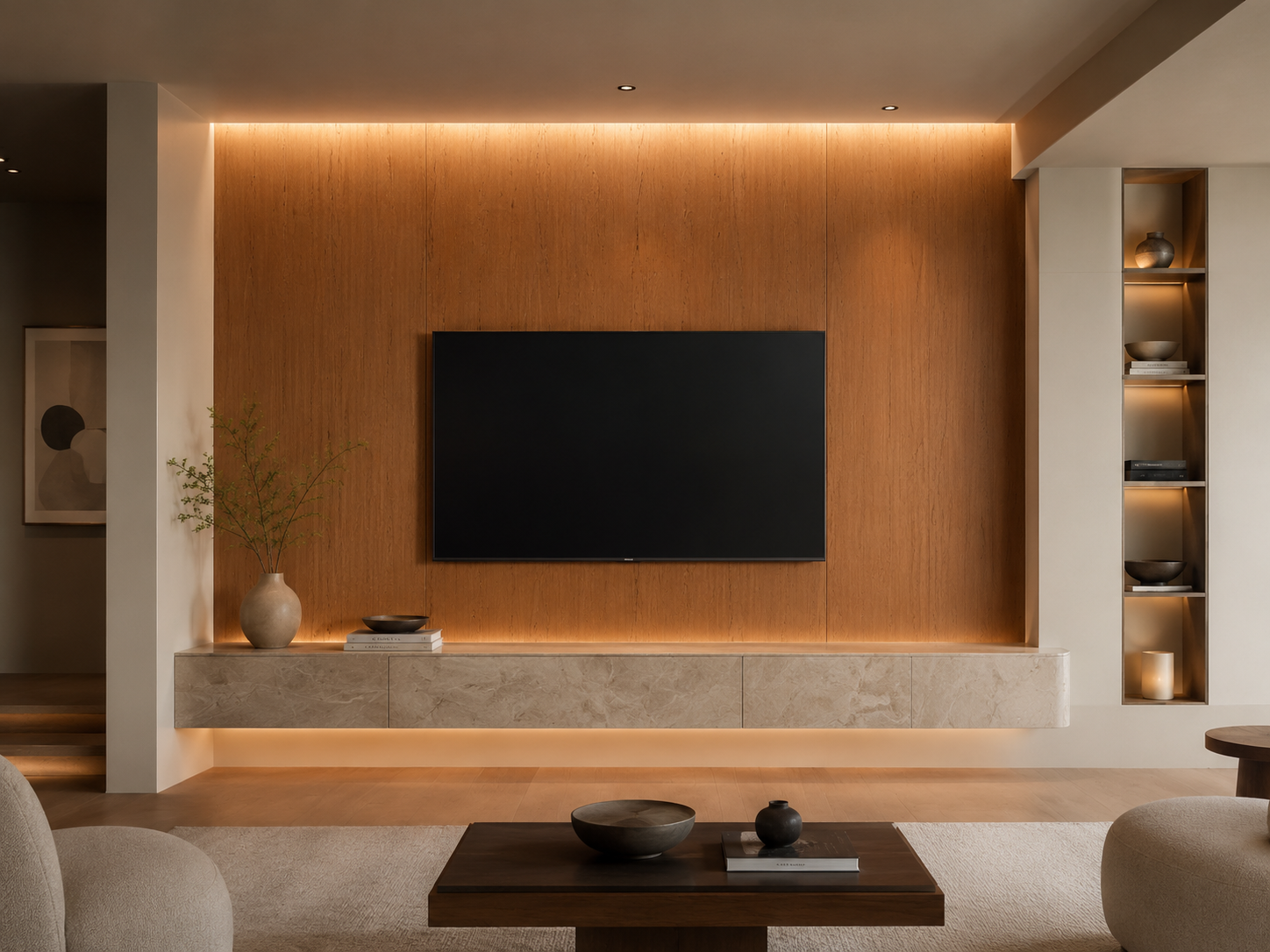 Caramel oak wood-look feature wall in a modern living interior