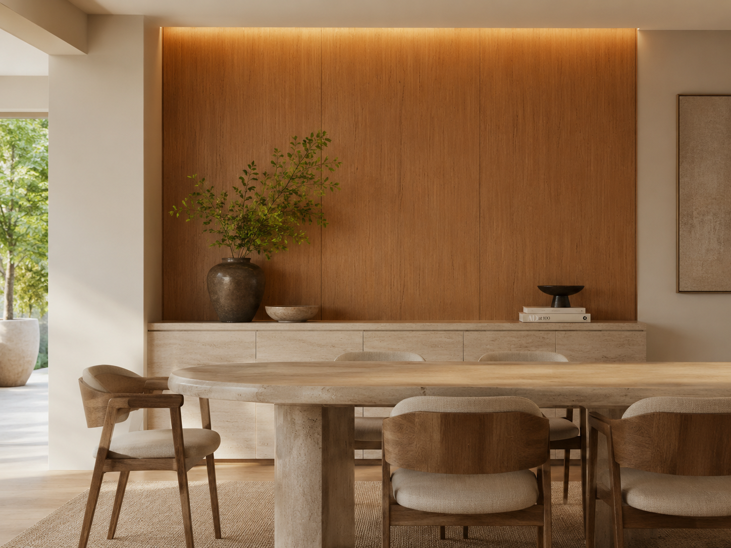 Caramel oak wood-look wall panels in a refined interior application