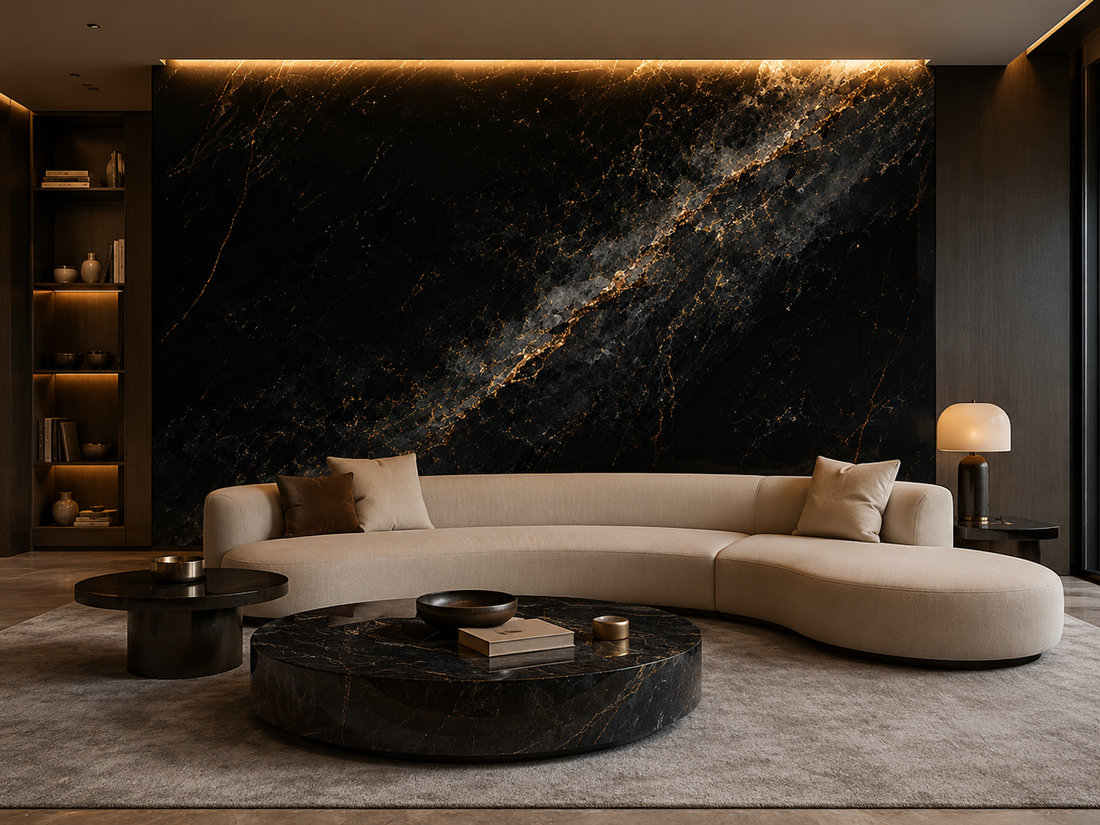 Dark contrast marble-look wall panel finish