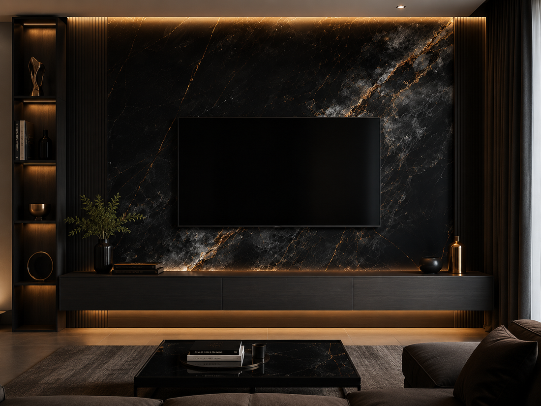 Dark marble-look wall panel application in a commercial interior
