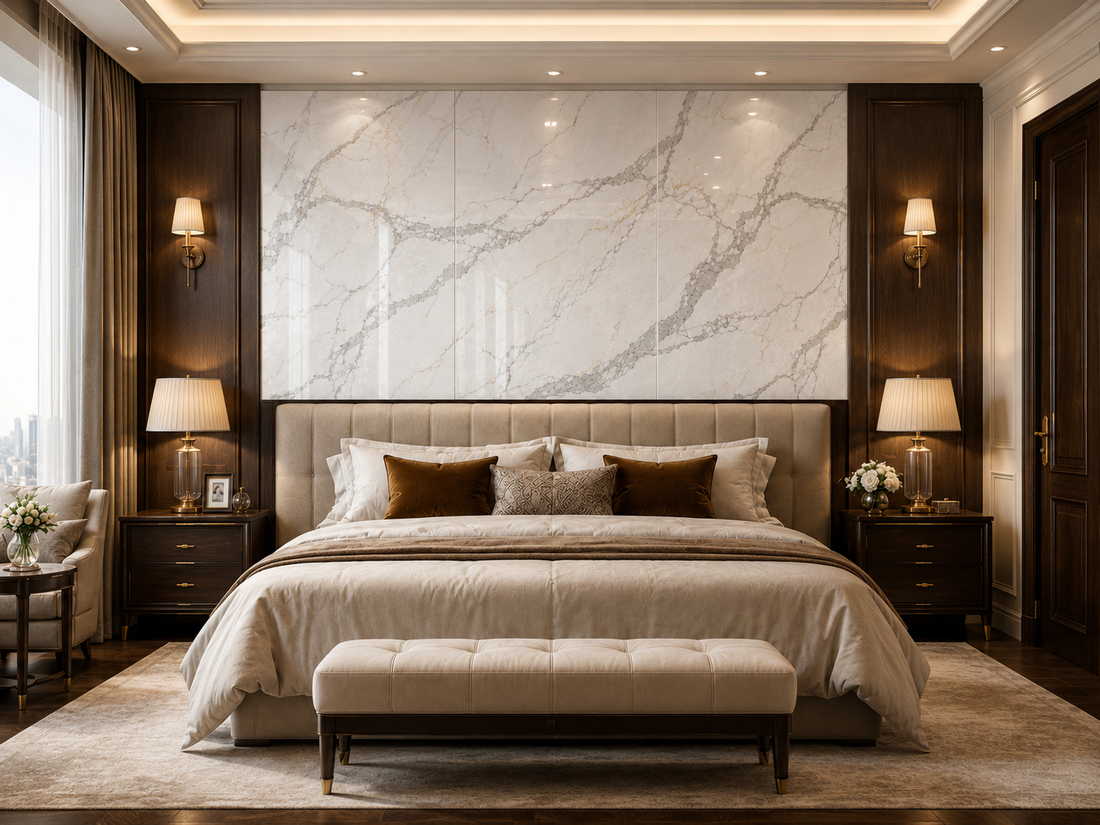 Calacatta marble-look panels in a hospitality or reception space