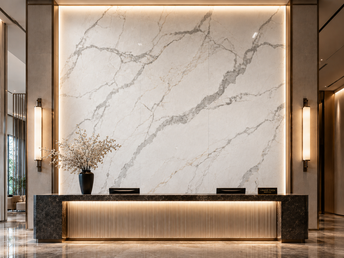 Light Calacatta marble-look wall panel finish