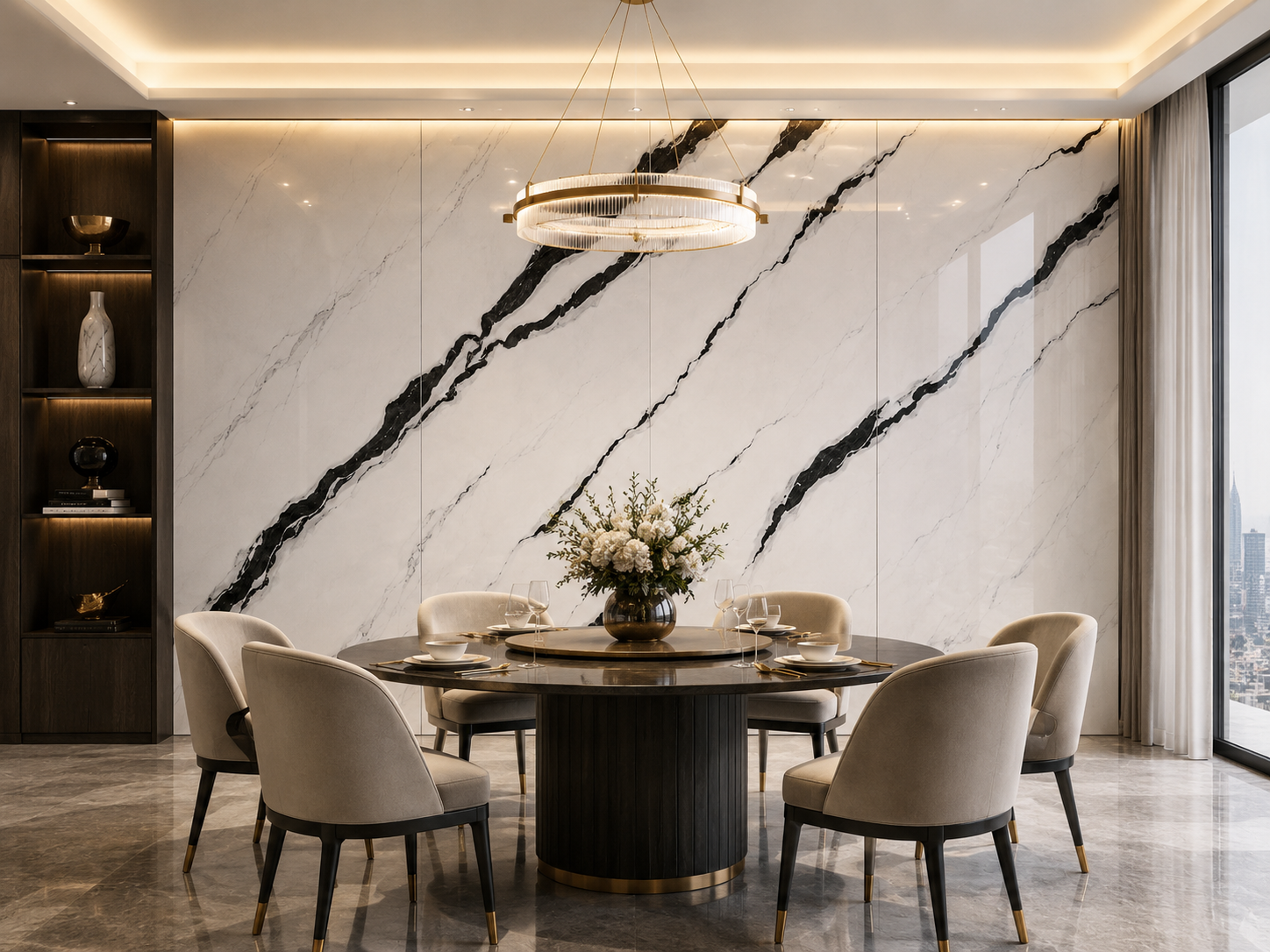 Panda Noir marble-look feature wall in a modern living interior