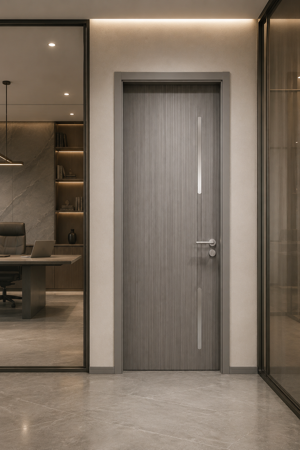 Modern Gray Interior Door with Silver Vertical Inlays