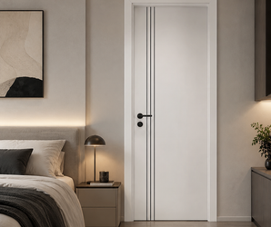 Modern White Interior Door with Triple Black Vertical Inlays