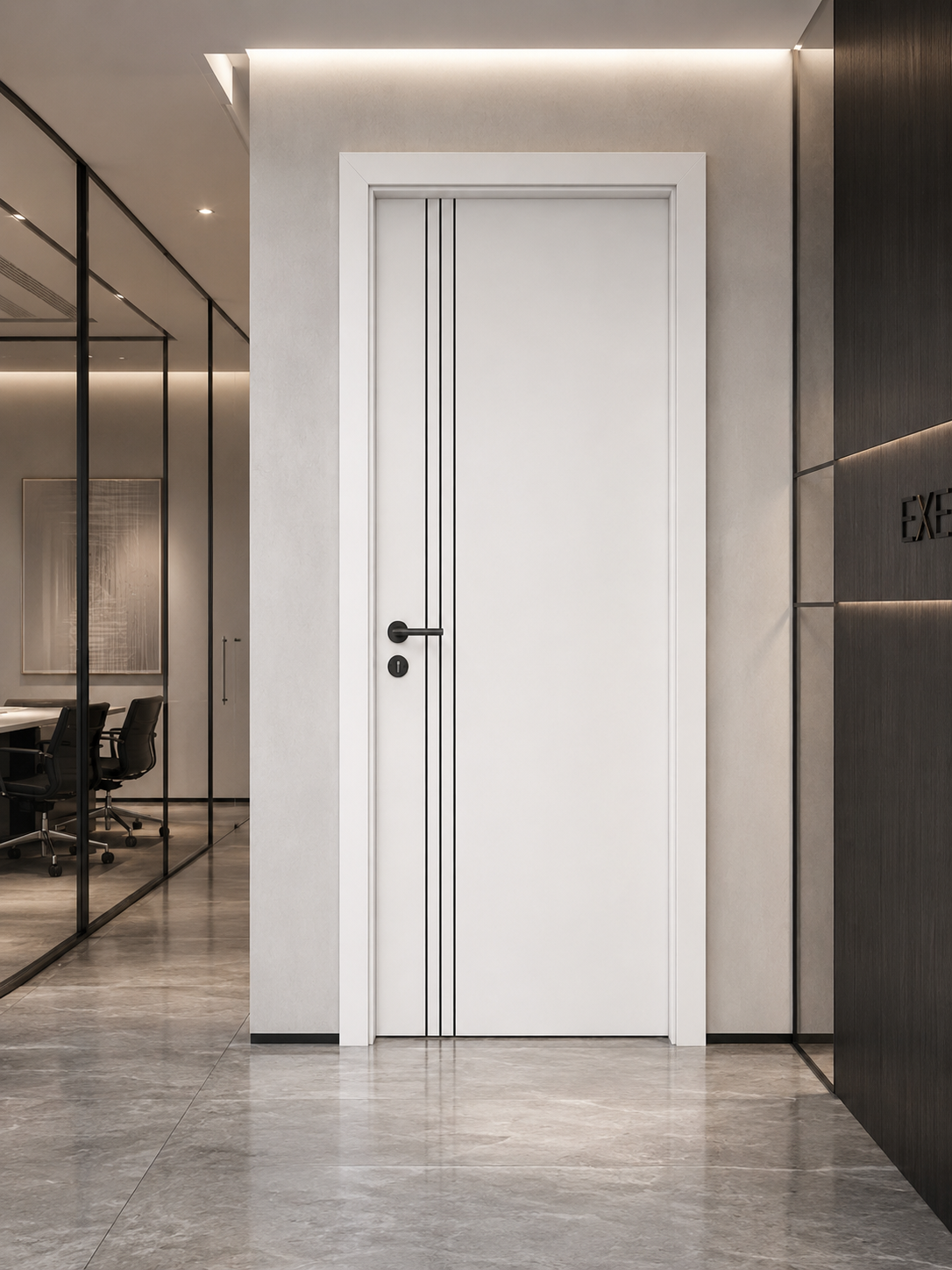 White interior door with black vertical inlays in modern office