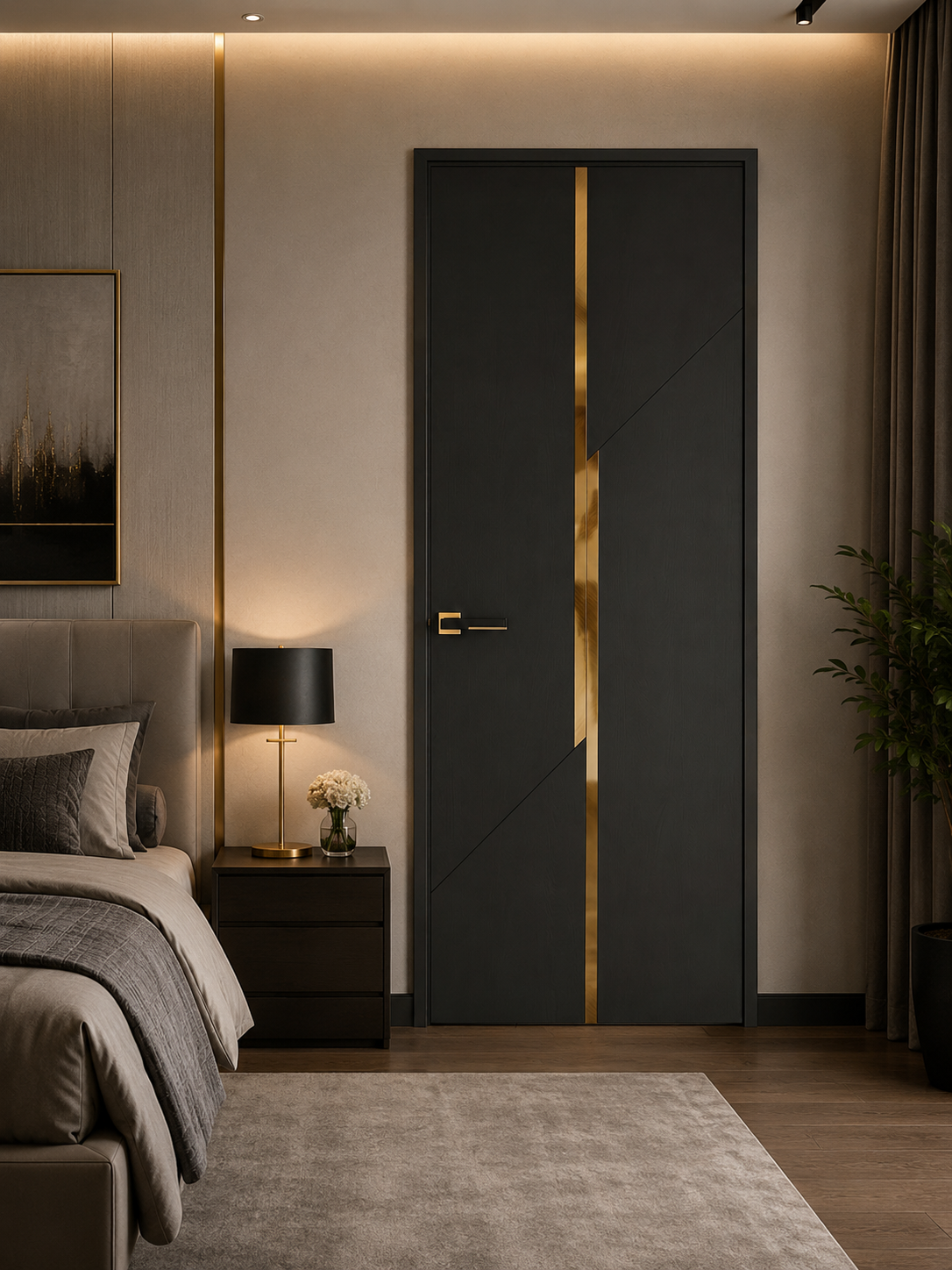 Black interior door with gold inlay in luxury bedroom