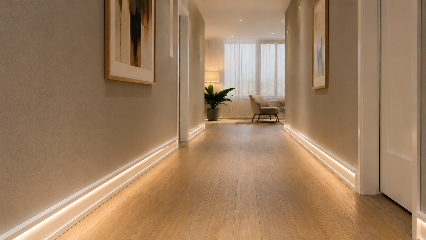 White LED baseboard creating indirect lighting in a residential interior