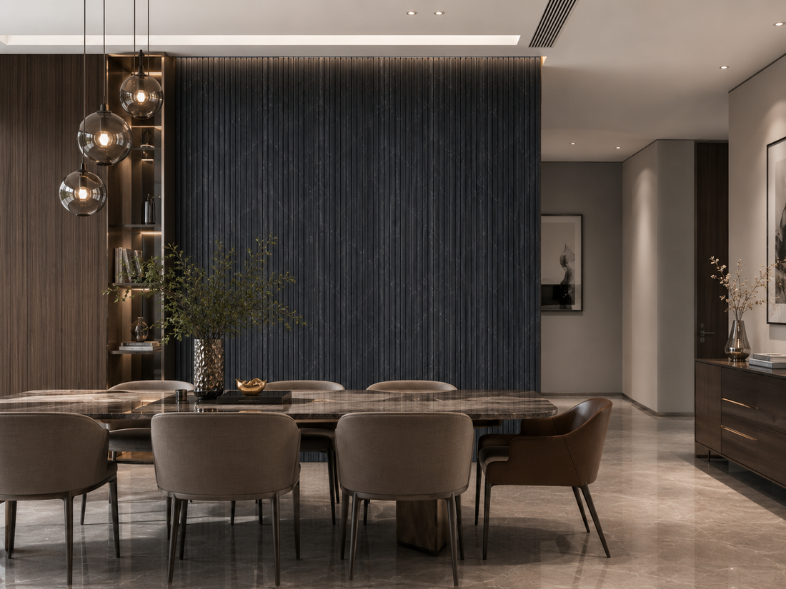 Dark contrast PS wall panel finish
