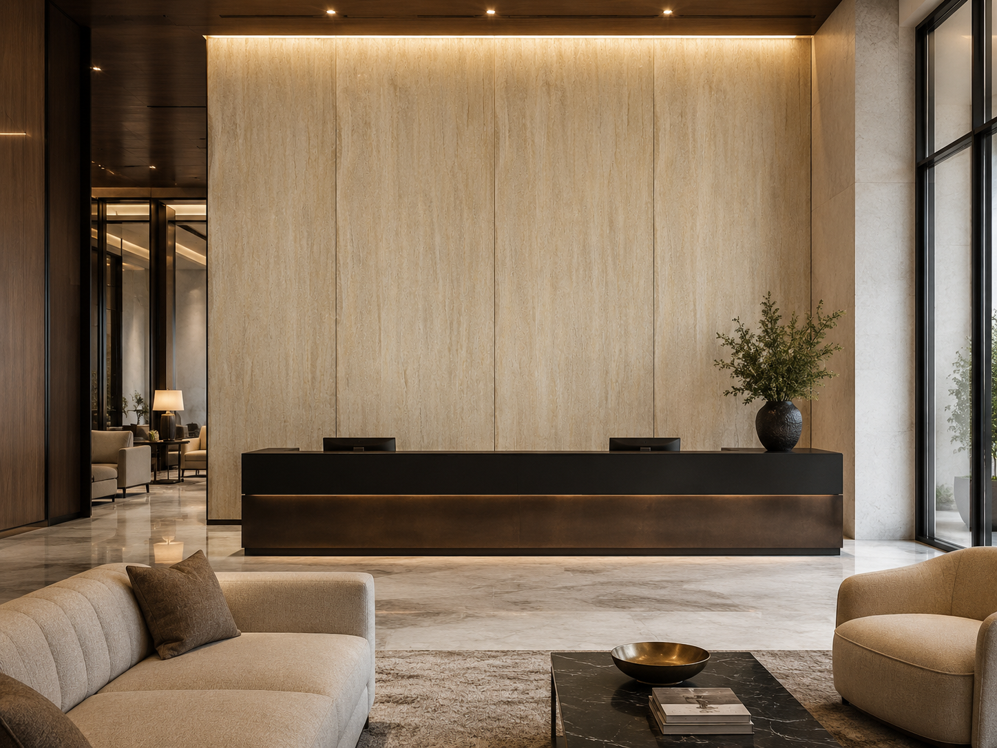 Travertine flexible stone reception wall