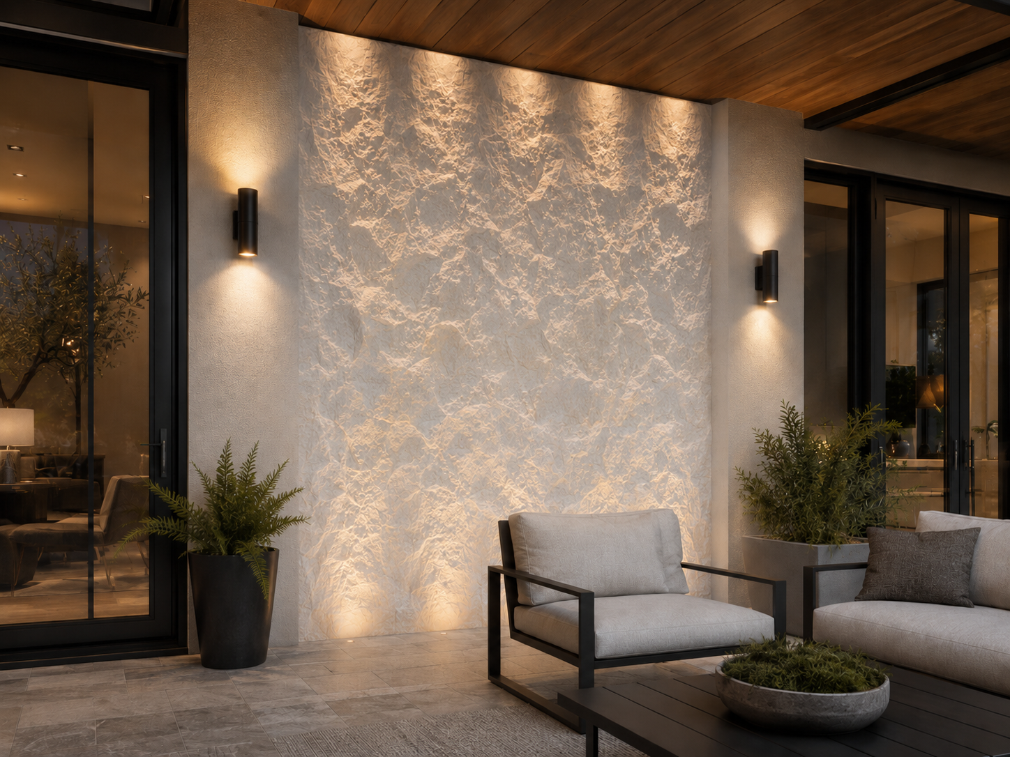 Rocky White PU Stone feature wall in a residential setting