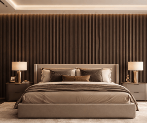 Modern bedroom featuring a large bed with beige bedding, flanked by two nightstands with lamps, and a stunning wood slat accent wall crafted from Antique Bronze Fluted PS Wall Panels. A walk-in closet is visible on the left, while soft natural light streams in from a large window on the right.
