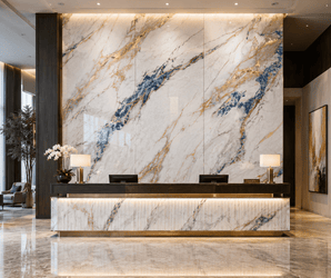 Marble and decorative wall panels in a modern hotel lobby with orchids and abstract art near the front desk.