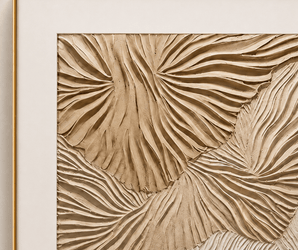 Wallsmark INC Beige Botanical Textured Wall Art with organic patterns and gold frame on rectangular panel.