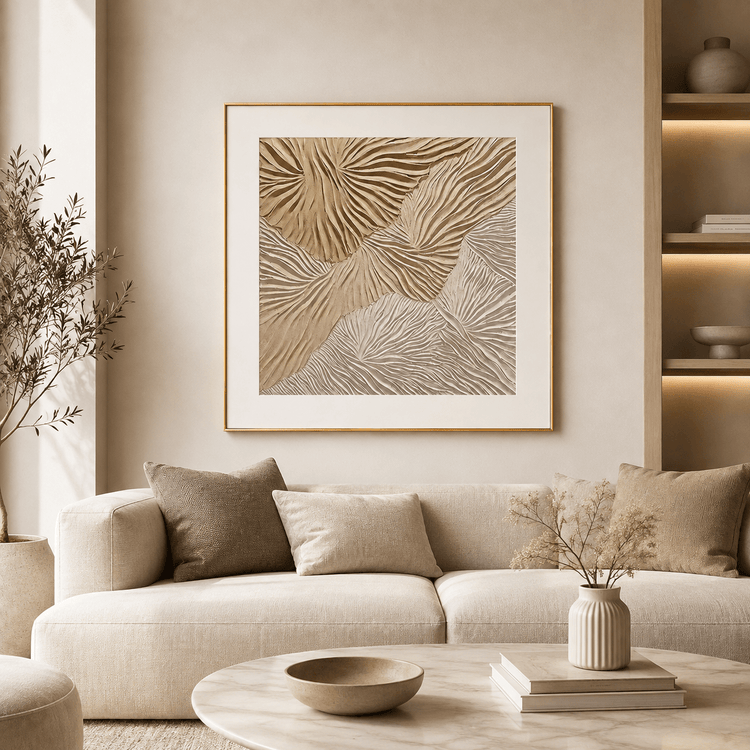 Wallsmark INC botanical wall art above beige sofa in modern living room with paneled wall accents and shelves.