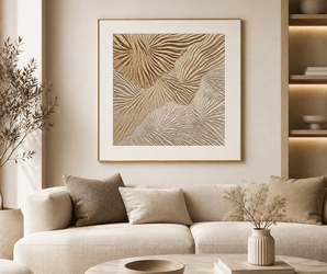 Wallsmark INC botanical wall art above beige sofa in modern living room with paneled wall accents and shelves.