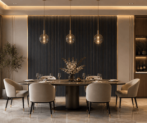 Dining room featuring six beige chairs, set dining table, pendant lights, and vertical line decorative wall panels.