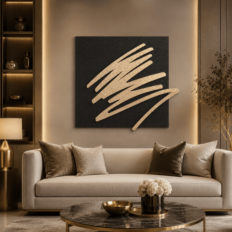 Wallsmark INC Black & Gold Textured Abstract Wall Art above beige sofa with gold accents in living room.