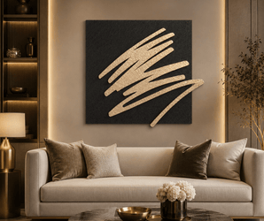 Wallsmark INC Black & Gold Textured Abstract Wall Art above beige sofa with gold accents in living room.