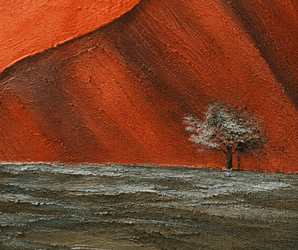 Small tree on textured green ground with burnt orange wall art background painting.